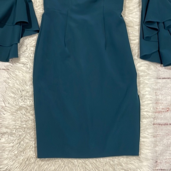Milly Selena Slit Off The Shoulder Ruffle Tiered Sleeve Dress In Teal - Picture 10 of 11